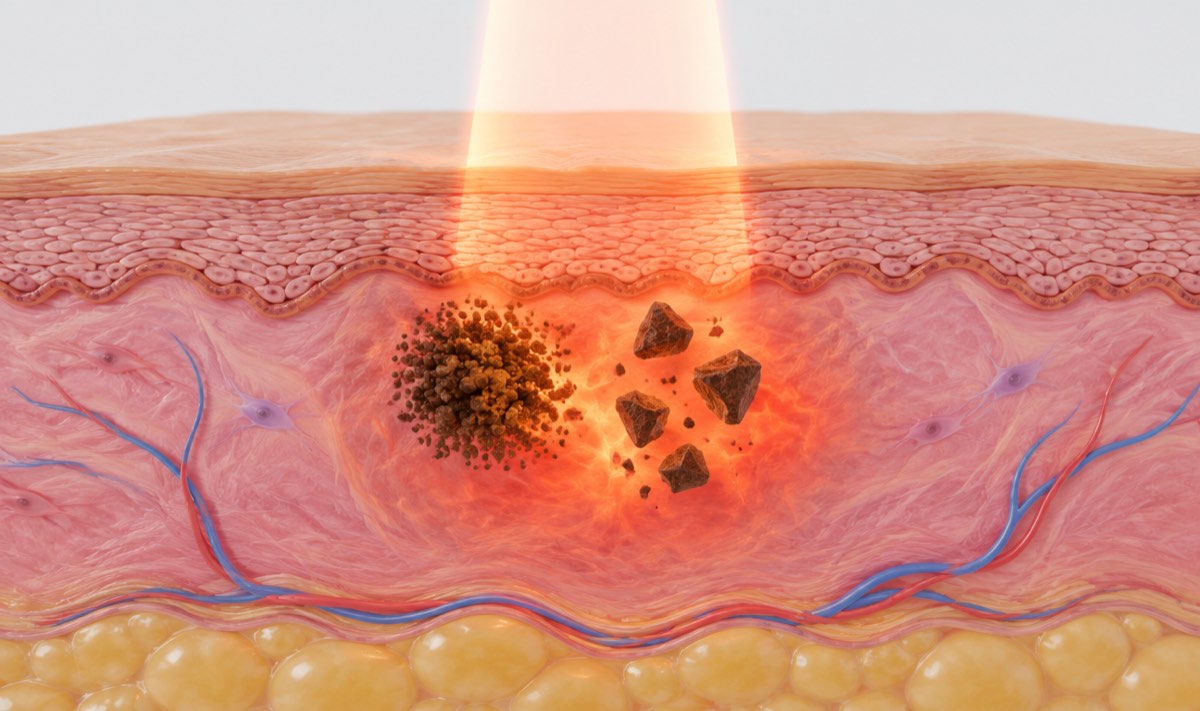 Illustration: an older nanosecond laser breaks pigment into larger pieces with more heat
